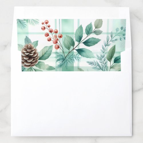 Green Plaid Checker Pattern Pine Cone Red Berries Envelope Liner
