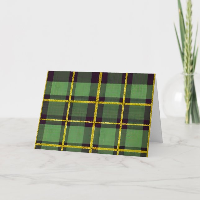 Green Plaid Checkered Tartan Folded Note Card (Front)