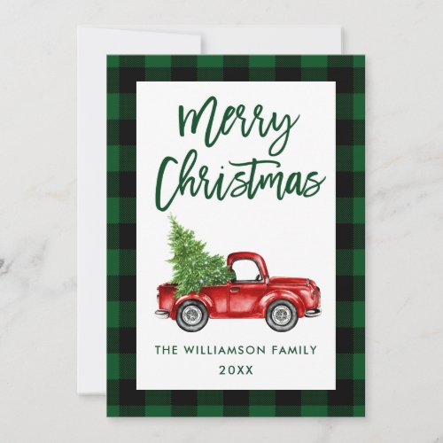 Green Plaid Christmas Brush Script Vintage Truck Holiday Card