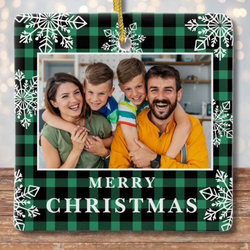 Green Plaid Christmas Family Photo Snowflakes Ceramic Ornament