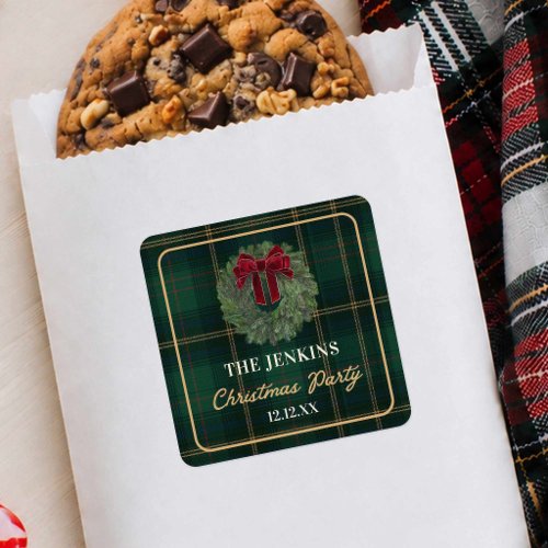Green Plaid Christmas Party Favor Sticker