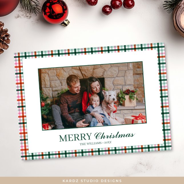 Green Plaid Christmas Photo Card (Front of card shown in 5 x 7 inches. Personalize and choose paper style.)
