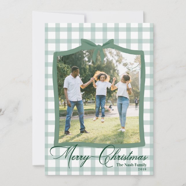 Green Plaid Christmas Photo Cards with Ribbon Bow (Front)