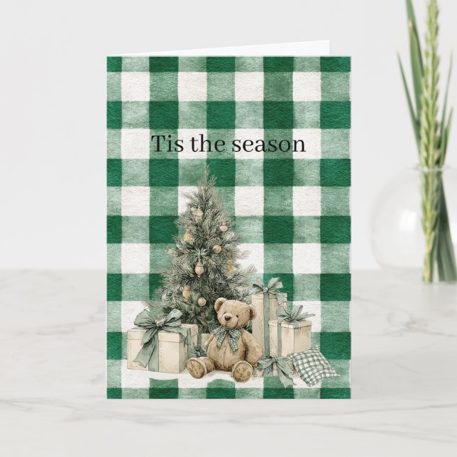 Green Plaid Christmas Tree Teddy Bear Gifts Card (Front)