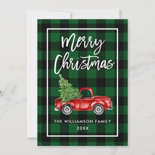 Green Plaid Christmas Vintage Truck Brush Script Holiday Card