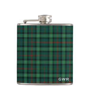 Green Plaid Clan Ross Hunting Tartan Monogram Flask