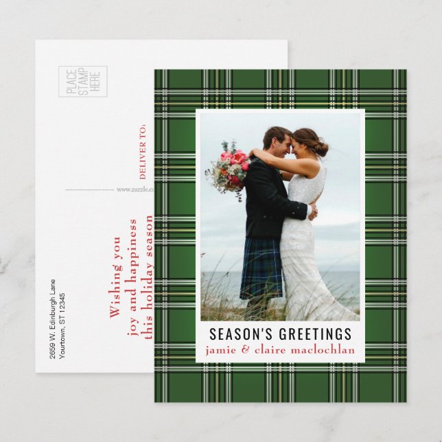 Green Plaid Classic One Photo Holiday Postcard (Front/Back)