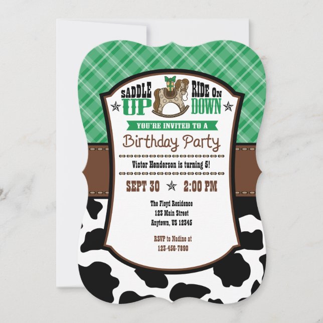 Green Plaid Cowhide Cowboy Birthday Invite (Front)