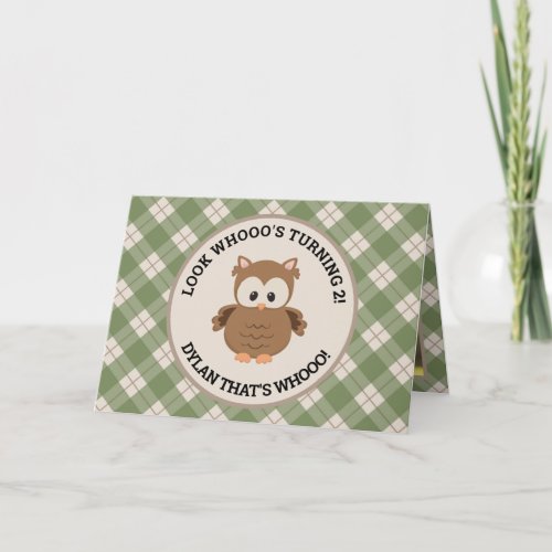 Green Plaid Cute Owl Photo 2nd Birthday Invitation