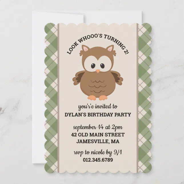 Green Plaid Cute Retro Owl Birthday Invitation | Zazzle