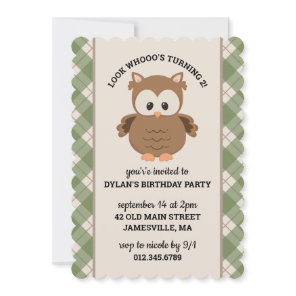 Green Plaid Cute Retro Owl Birthday Invitation