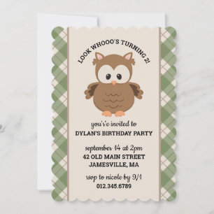 Green Plaid Cute Retro Owl Birthday Invitation