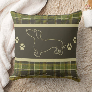 Green Plaid Dachshund Throw Pillow