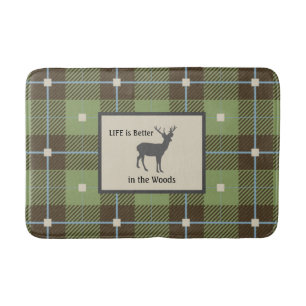 Green Plaid Deer Cabin Bath Mat