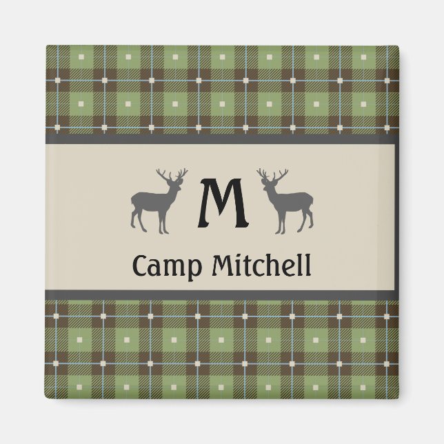 Green Plaid Deer Cabin Fridge Magnet (Front)
