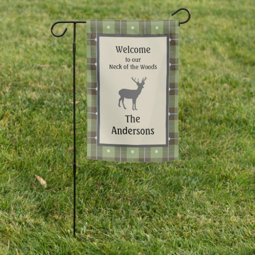 Green Plaid Deer Cabin Garden Flag