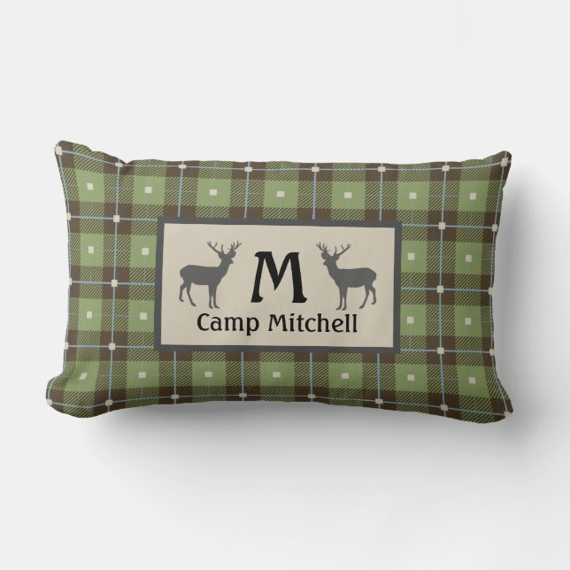 Green Plaid Deer Cabin Lumbar Pillow (Front)