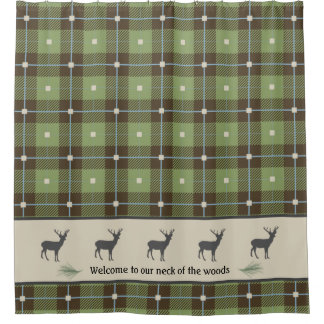 Green Plaid Deer Cabin Shower Curtain