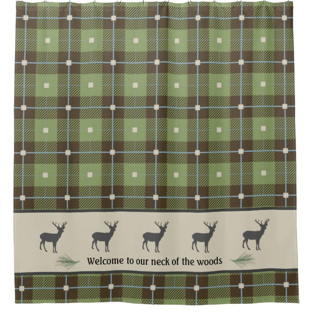 Green Plaid Deer Cabin Shower Curtain (Front)