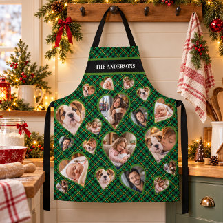 Green Plaid Family Heart Photo Collage Name Apron