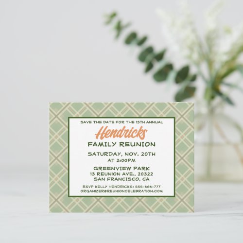 Green Plaid Family Reunion design Postcard