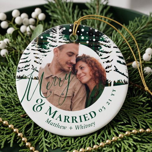 Green Plaid Festive First Christmas Married Photo Ceramic Ornament