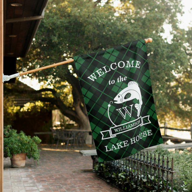 Green Plaid Fish & Hook Lake House Welcome Flag (In SItu)