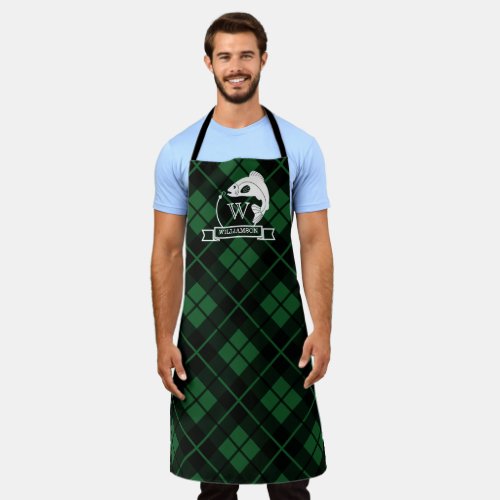 Green Plaid Fish  Hook Monogram Apron