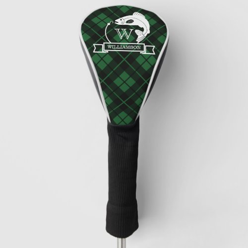 Green Plaid Fish  Hook Monogram Golf Head Cover