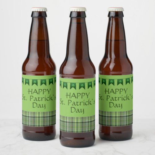 Green Plaid Flags Happy St Patricks Day  Beer Bottle Label
