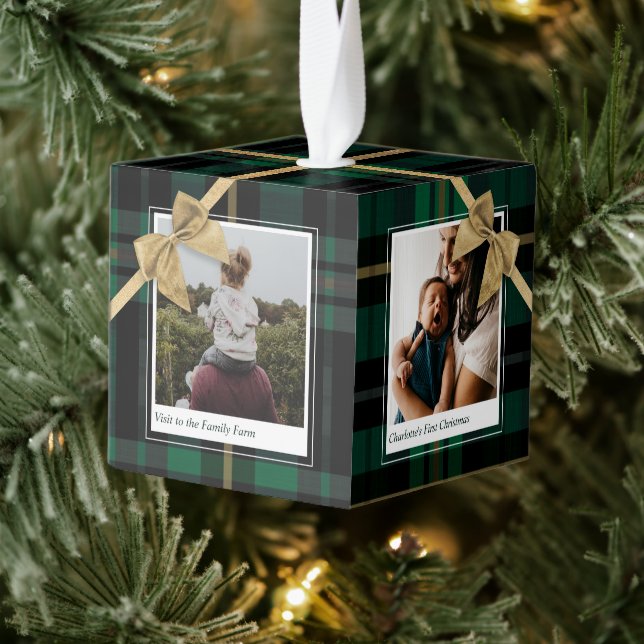 Green Plaid Gift Wrapped & Bow Present Photos Cube Ornament (Tree)