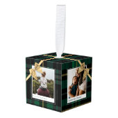 Green Plaid Gift Wrapped & Bow Present Photos Cube Ornament (Front Angled)