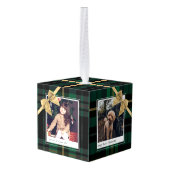 Green Plaid Gift Wrapped & Bow Present Photos Cube Ornament (Back Angled)