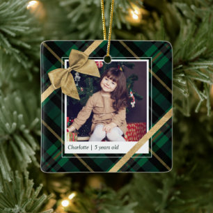 Green Plaid Gift Wrapped & Gold Bow Present Photo Ceramic Ornament
