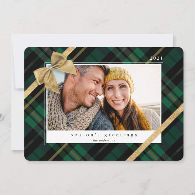 Green Plaid Gift Wrapped & Gold Bow Present Photo Holiday Card (Front)