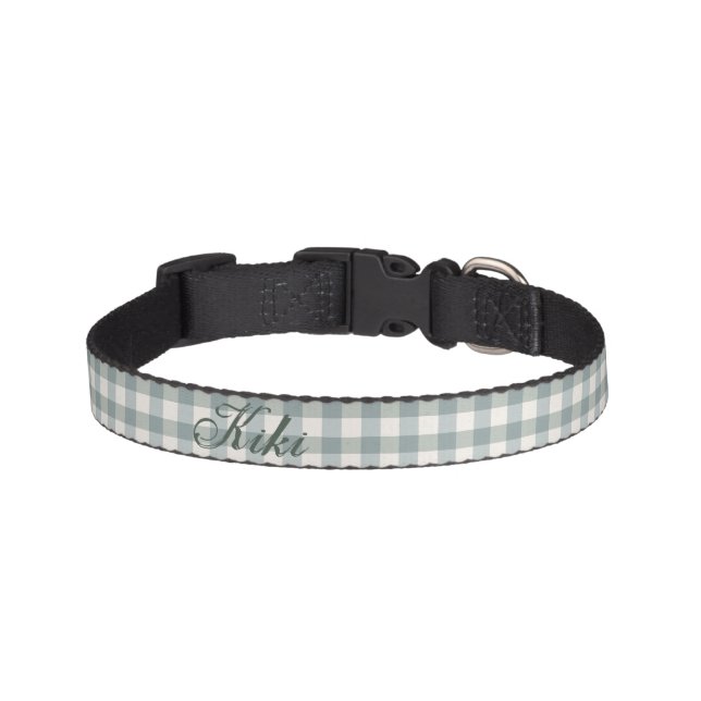 Green Plaid Gingham Country Farmhouse Simple Name Pet Collar (Front)