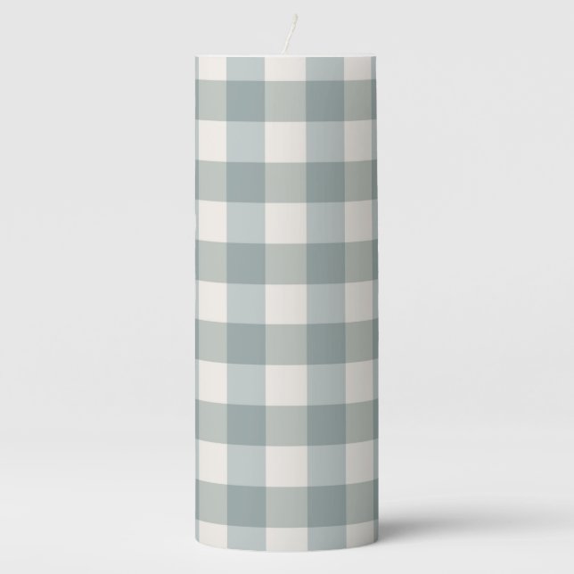Green Plaid Gingham Country Farmhouse Simple Pillar Candle (Front)