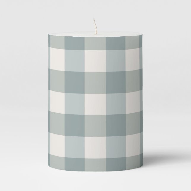 Green Plaid Gingham Country Farmhouse Simple Pillar Candle (Front)