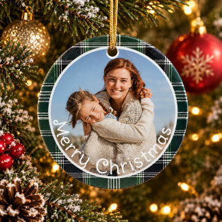 Green Plaid Gingham Family Photo Merry Christmas  Ceramic Ornament