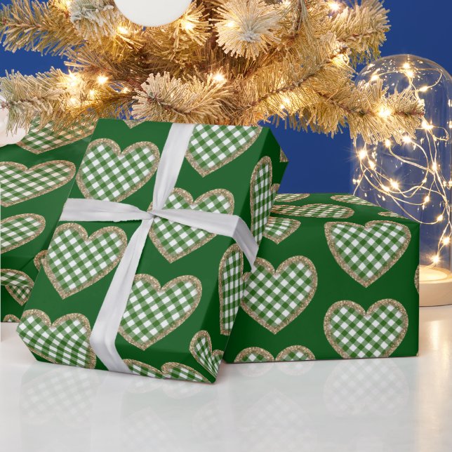 Green Plaid Gold Glitter Heart Holiday Wrapping Paper (Holidays)