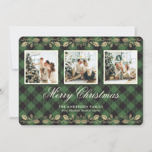 Green Plaid Gold Holly Photo Merry Christmas Card