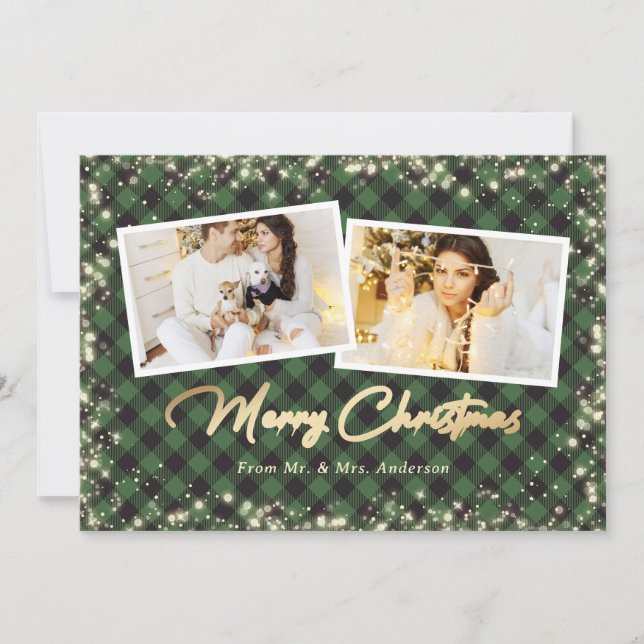 Green Plaid Gold Newlyweds Photo Merry Christmas Holiday Card (Front)
