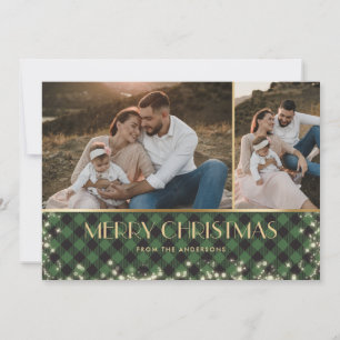 Green Plaid Gold Photo Sparkly Merry Christmas Holiday Card