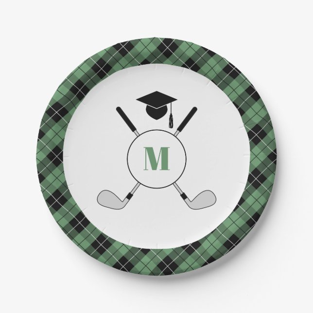 Green Plaid Golf Themed Graduation Party Paper Plates (Front)