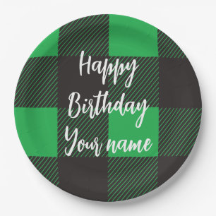Green Plaid Happy Birthday Paper Plates