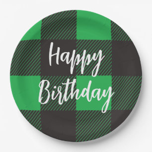 Green Plaid Happy Birthday Paper Plates