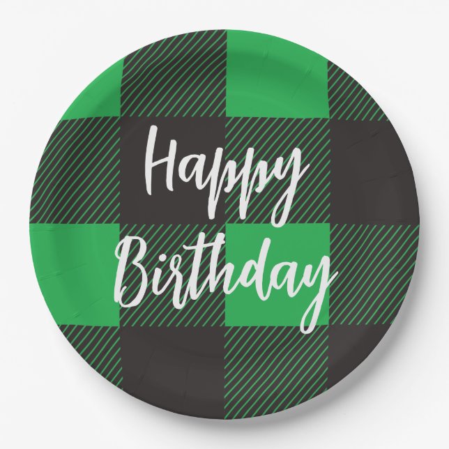 Green Plaid Happy Birthday Paper Plates (Front)