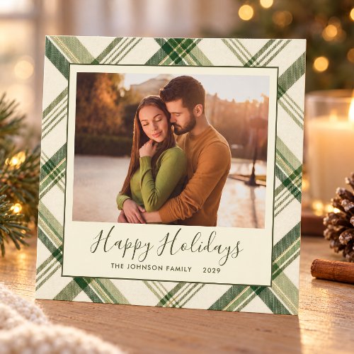 Green Plaid Happy Holidays Photo Card