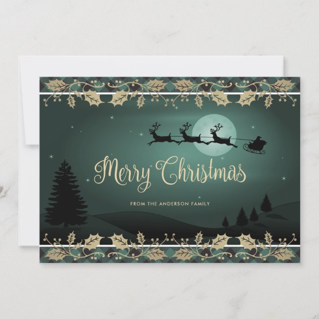 Green Plaid Holly Snowflake Santa Merry Christmas Holiday Card (Front)