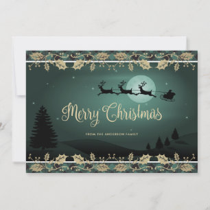 Green Plaid Holly Snowflake Santa Merry Christmas Holiday Card